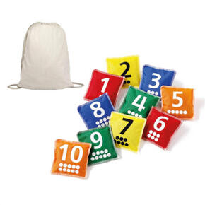 Conjunto de 10 saquinhos de feijão numerados, com pontos e cores