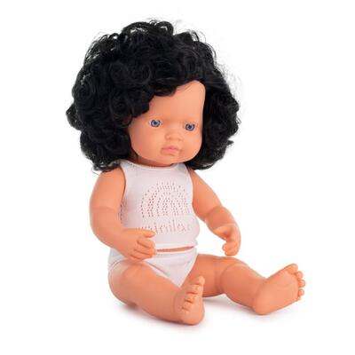 Bebé cabelo preto encaracolado caucasiana 38cm com roupa interior
